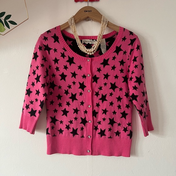 Smudge Sweaters - EUC Black Star Cardigan hot pink all over stars sparkly buttons Back 2 School